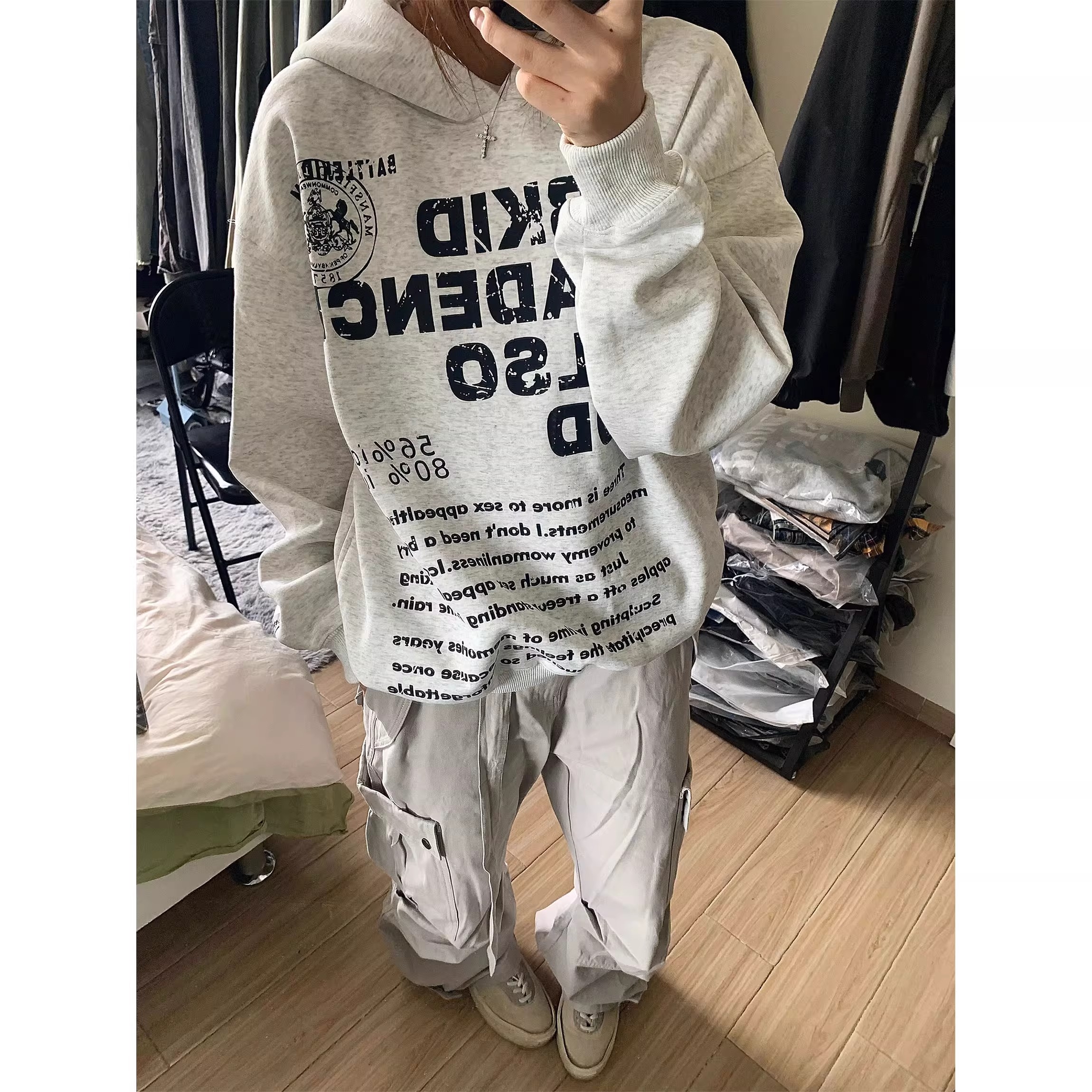 美式复古灰色字母印花连帽卫衣