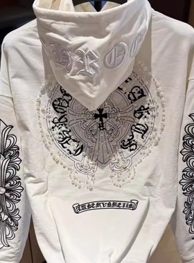 美式高街白色重工钉珠刺绣连帽卫衣女秋冬宽松设计感小众梵文外套