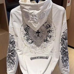 美式 高街白色重工钉珠刺绣连帽卫衣女秋冬宽松设计感小众梵文外套