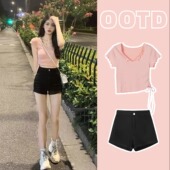 性感纯欲风V领短款 两件套 港味炸街职业洋气牛仔短裤 t恤套装 女夏季