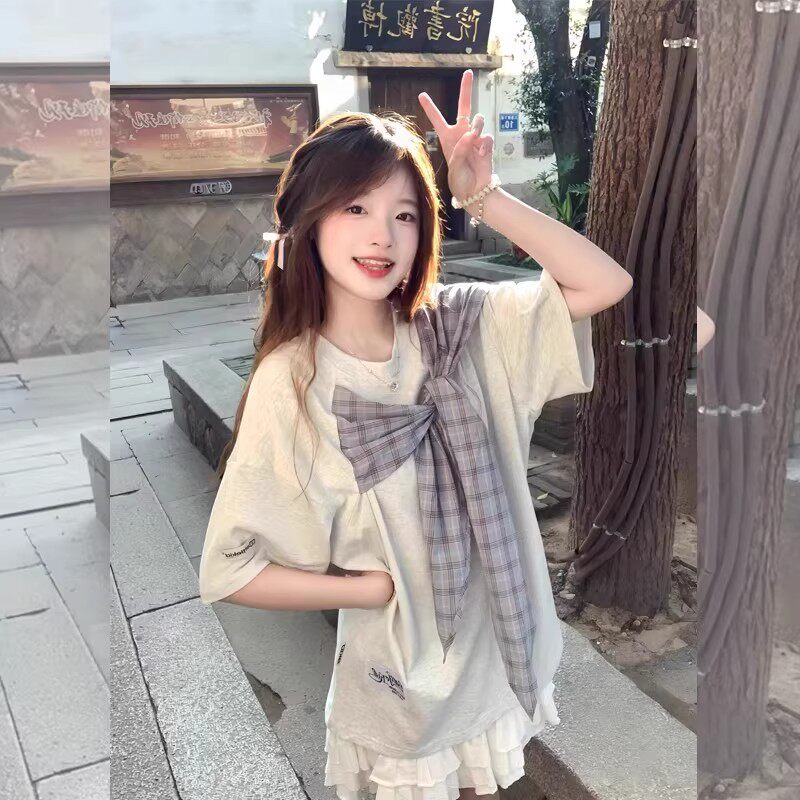 夏季甜美格子蝴蝶结2026巨好看短袖t恤女夏季新款独特设计感上衣