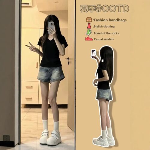夏季女V领短袖牛仔短裤两件套