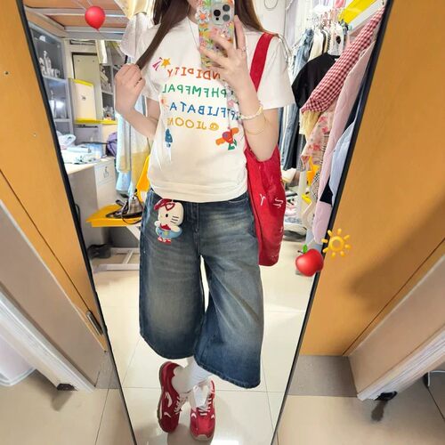 夏季女学生短袖牛仔七分裤两件套