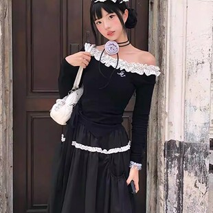 美式复古一字肩波点花边长袖t恤女2026新款早春露肩不规则打底衫