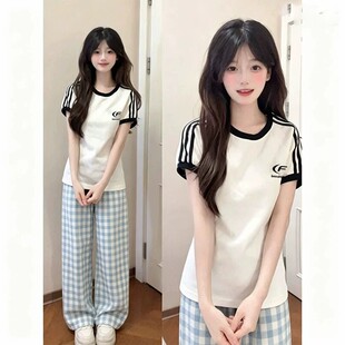 韩系学院风三条杠t恤格子阔脚裤休闲运动套装女夏学生穿搭一整套