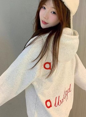 美式复古重磅纯棉灰色刺绣卫衣卫衣女2025新款秋季宽松慵懒风外套