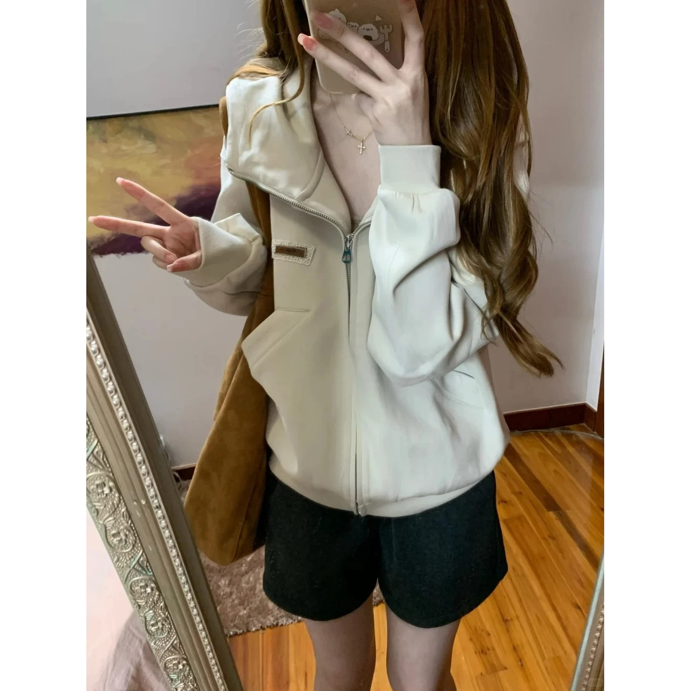 美式复古翻领连帽拉链卫衣女春秋