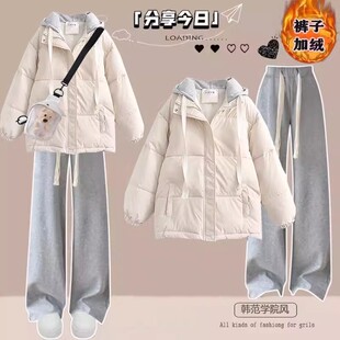 休闲时尚套装女初高中学生加厚棉服外套学院风加绒阔腿裤两件套冬