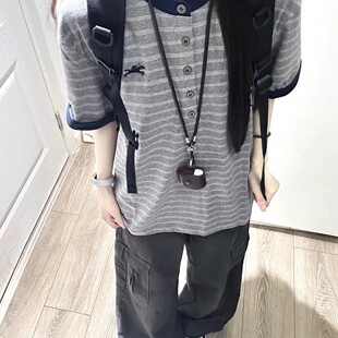 美式复古撞色刺绣亨利条纹短袖t恤女夏学院风设计感小众翻袖上衣