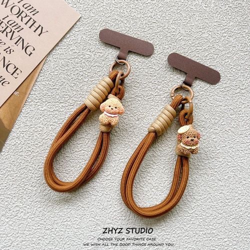 ins小众可爱狗狗手机挂绳编织腕带手提短绳带夹片ccd钥匙扣防丢女