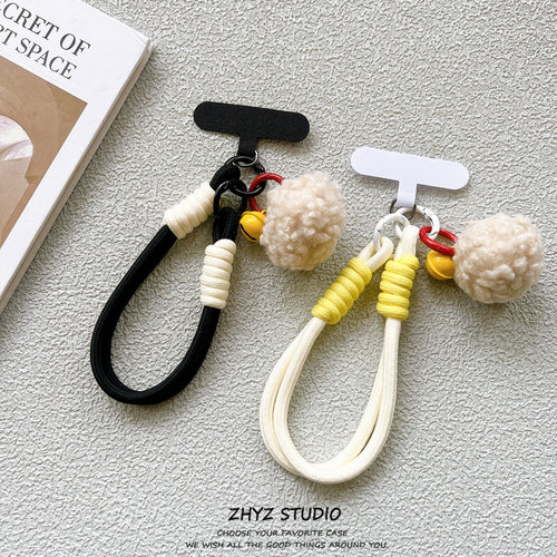 ins毛绒铃铛球挂件手机挂绳黑白编织腕带手提短绳带夹片ccd钥匙扣
