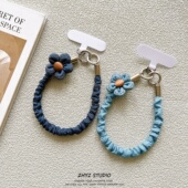 手机挂绳短款 褶皱创意牛仔纹花朵手腕带短绳钥匙扣ccd相机手提女