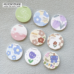 镜子小清新冷淡风花朵翻盖粘贴式 补妆镜通用手机支架懒人支撑女款