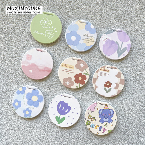 镜子小清新冷淡风花朵翻盖粘贴式补妆镜通用手机支架懒人支撑女款