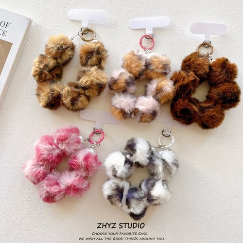 ins创意秋冬新款豹纹毛球手机挂绳手腕短款时尚短绳挂饰挂件防丢