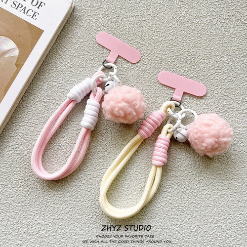 ins毛绒铃铛球挂件手机挂绳粉色编织腕带手提短绳带夹片ccd钥匙扣