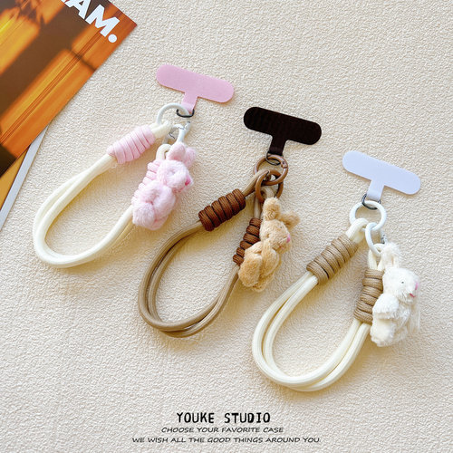 卡通毛绒兔子挂件手机挂绳编织腕带手提短绳带夹片ccd钥匙扣防丢