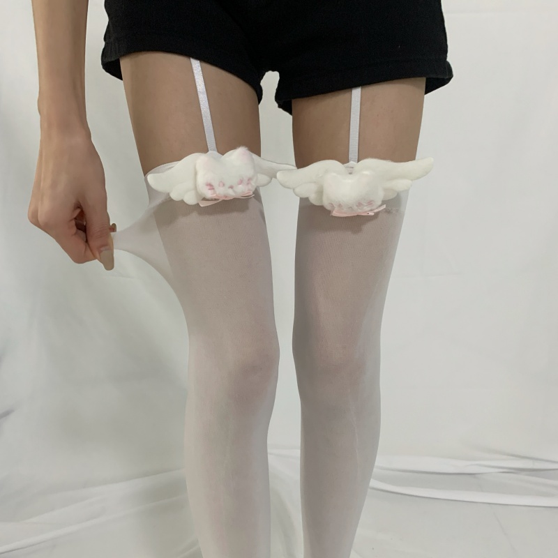 原创手作可爱天使翅膀长筒大腿猫咪吊带袜少女lolita蝴蝶结过膝袜