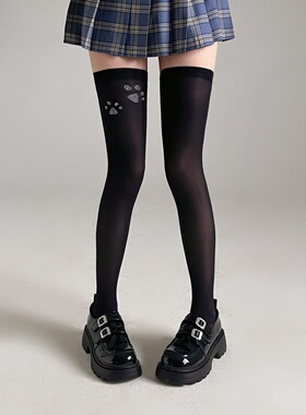 天鹅绒印花图案烫钻袜子女ins潮白色高筒袜薄款jk长筒过膝小腿袜