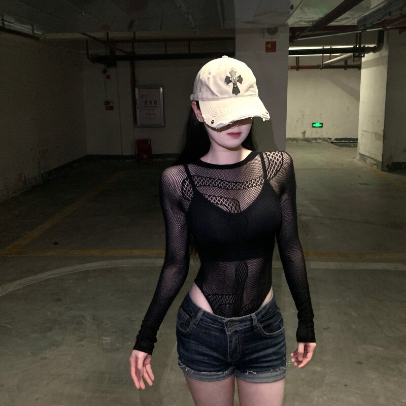 提花蛇纹网纱长袖连体衣女2026新款性感透视修身显瘦T恤上衣打底