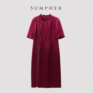 六礼专柜折扣宴会上档次女装高端轻奢喜婆婆礼服酒红连衣裙-17797