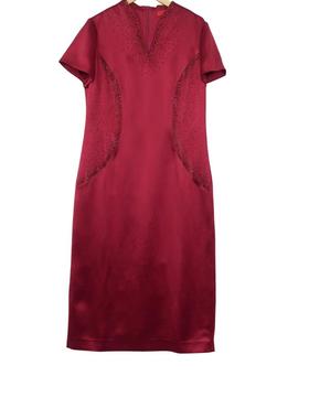 六礼宴会上档次女装高端轻奢喜婆婆品牌礼服酒红色连衣裙-17523