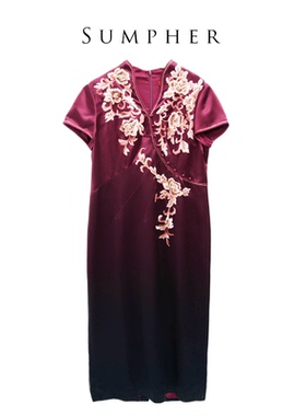 六礼宴会上档次女装高端轻奢喜婆婆品牌礼服酒红色连衣裙-17313