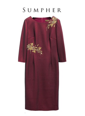 慕天姿精选品牌女装高端时尚气质百搭酒红色连衣裙慕天姿-17723