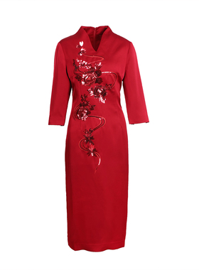 【六礼】品牌折扣女装高端洋气百搭气质通勤深红色连衣裙-17299