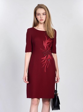 六礼宴会上档次女装高端轻奢喜婆婆品牌礼服深红色连衣裙-16088
