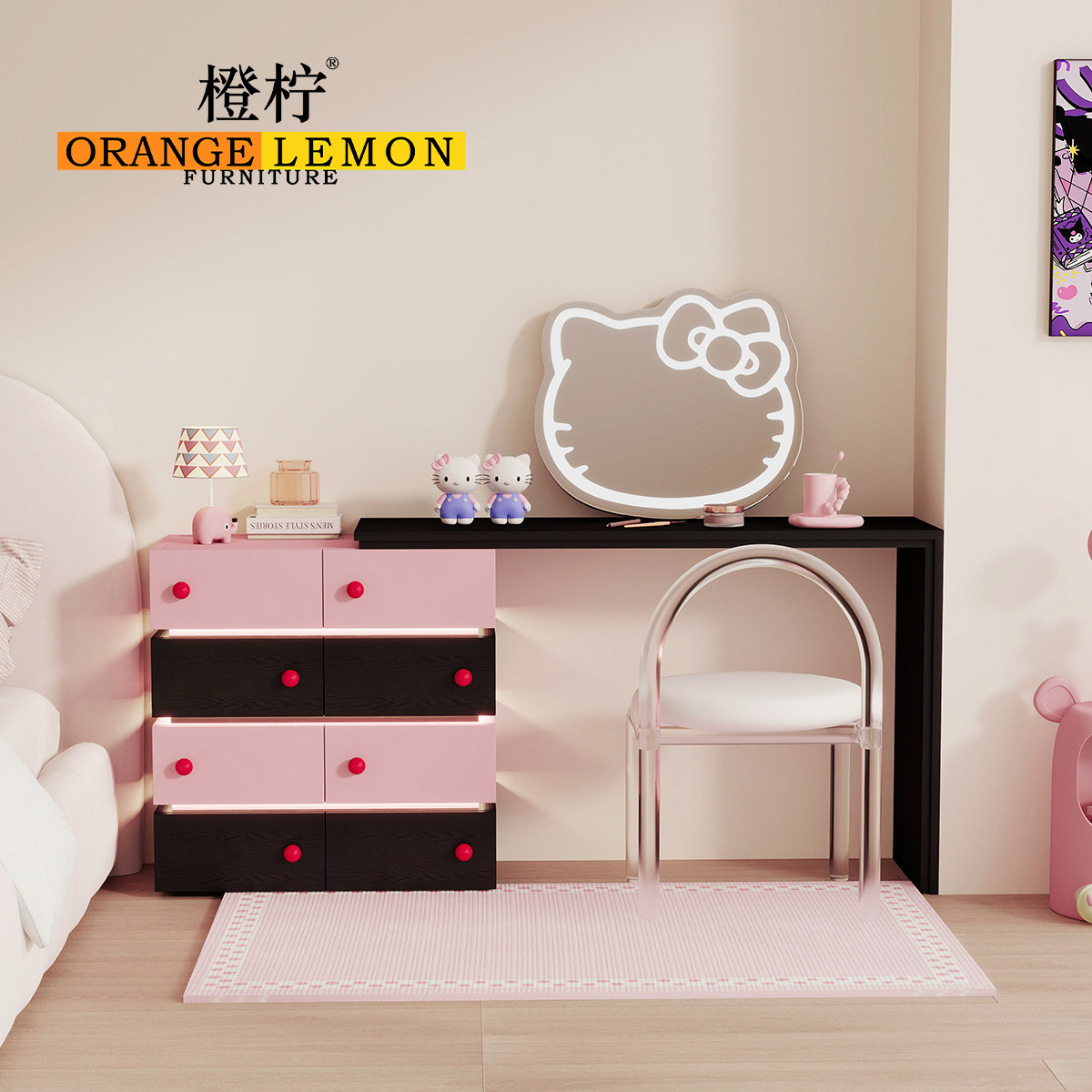 橙柠撞色伸缩书桌客厅极简飘窗学习桌带斗柜可旋转多巴胺电脑桌子,住宅家具,书桌,淘宝优惠券,粉丝福利购,淘宝优惠卷