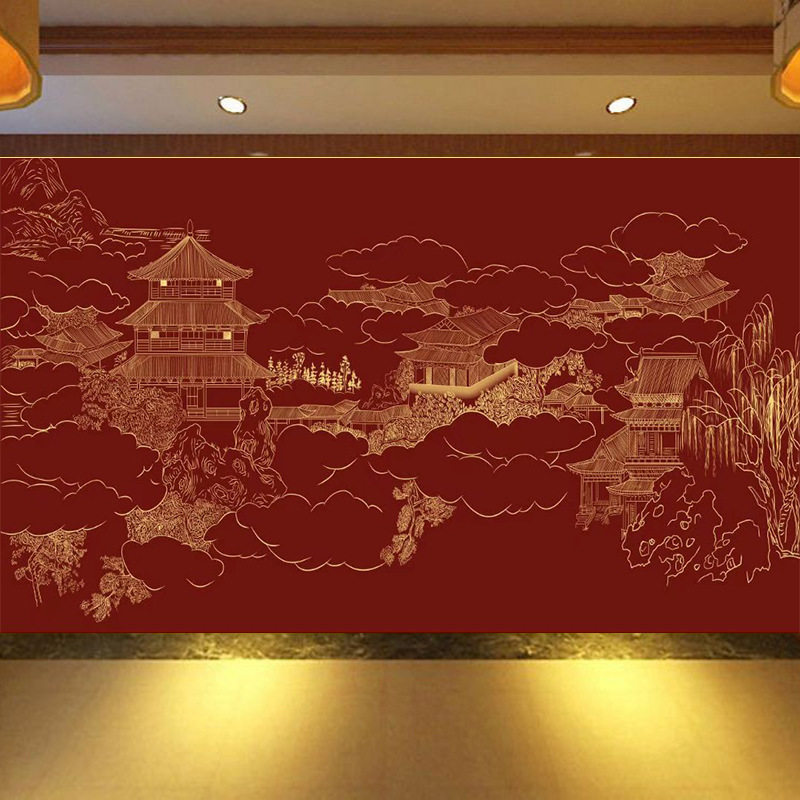 中式阁楼墙纸红色复古中国风装饰背景墙壁画立体线描楼阁建筑壁纸