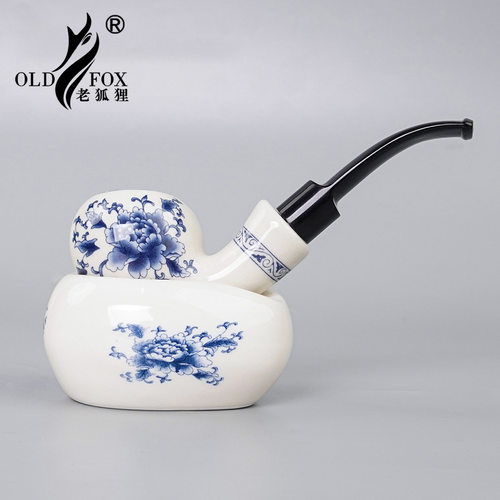 OLD FOX-老狐狸陶瓷烟斗送烟斗架9MM过滤烟嘴弯式青花瓷烟斗批发