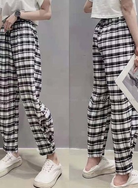 小木南82188夏季薄料哈伦裤格子宽松休闲萝卜裤灯笼裤奶奶裤韩版
