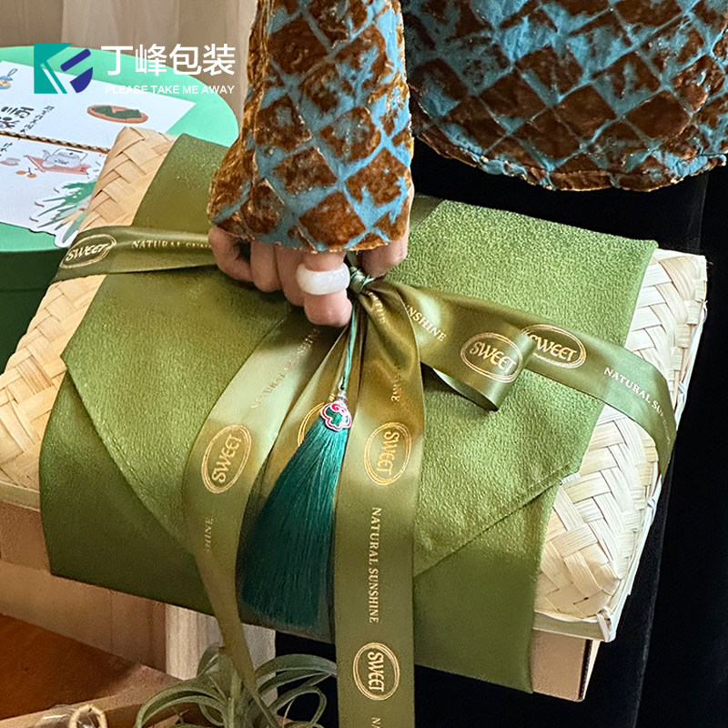 丁峰·端午节粽子礼品盒竹编盖绿棕叶包裹创意清新自然水果包装盒