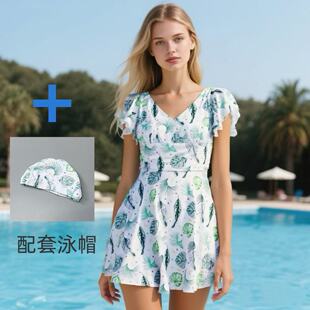 Amber外单泳衣女士清新裙式 连体遮肚显瘦性感高级感泡温泉带胸垫