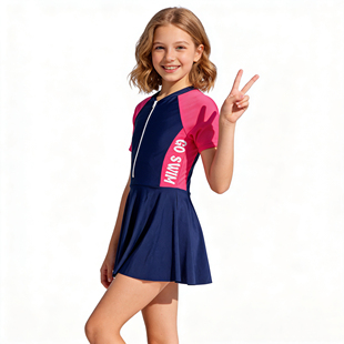 Amber外单儿童泳衣女孩插肩拼色袖 连体女童防走光带胸垫 运动裙式