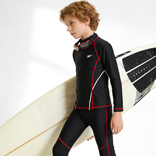 Amber外单儿童泳衣男童专业训练青少年拉链长袖 防晒分体冲浪单衣