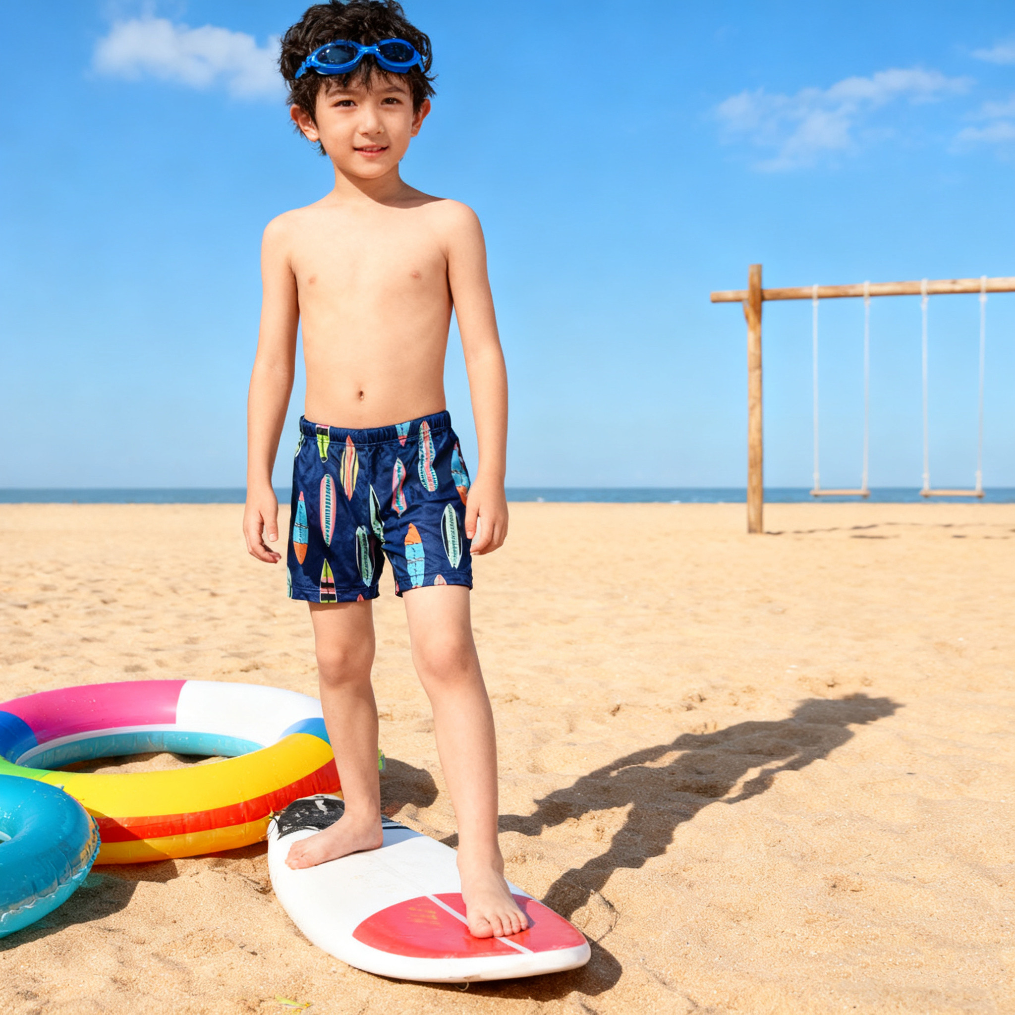 Amber外单儿童分体游泳裤男童平角速干抽绳款可爱卡通多花色男孩