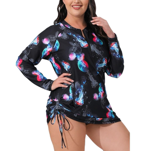 防晒上衣带胸垫 分体泳衣长袖 Amber加肥UPF50胖MM大码 女士保守长款