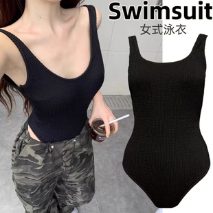 Amber外单美式 显瘦露背美背内搭 辣妹三角连体泳衣背心带胸垫修身
