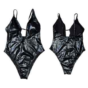 Amber外单ins辣妹露背性感深V领PU皮连体泳衣沙滩泳池派对带胸垫