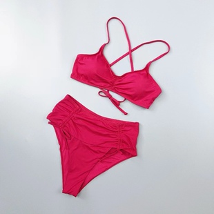 Amber复古纯色遮肚比基尼女士分体泳衣性感绑带显瘦中高腰带胸垫