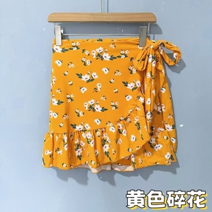 Amber外贸原单 高腰遮肚显瘦泳裙荷叶边分体单裙泳衣系带裹裙 女式