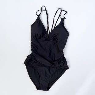 Amber外单女士连体三角泳衣交叉肩带褶皱遮肚包臀温泉度假带胸垫