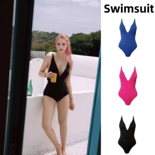 Amber外单连体游泳衣女士爆款 度假性感深V领温泉带胸垫 高级感修身