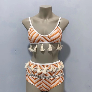 Amber外單 帶胸墊 性感三角比基尼女士泳衣熱帶印花流蘇高腰分體