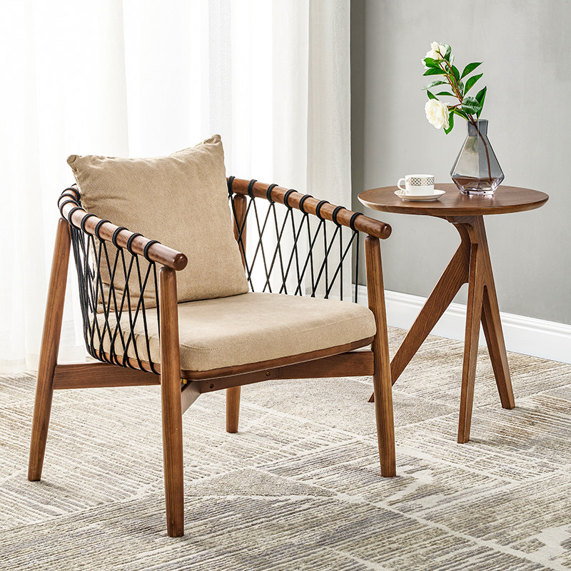 北欧设计师单人沙发椅复古简约绳编实木休闲椅咖啡客厅阳台懒人椅