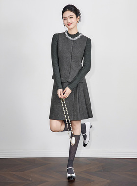 2516303-南油高货小香风烫银羊毛呢马甲上衣+半身裙两件套装女款