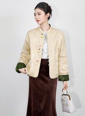 2516407-双面可穿新中式天丝提花缎棉衣立领盘扣棉服绿意秋冬外套